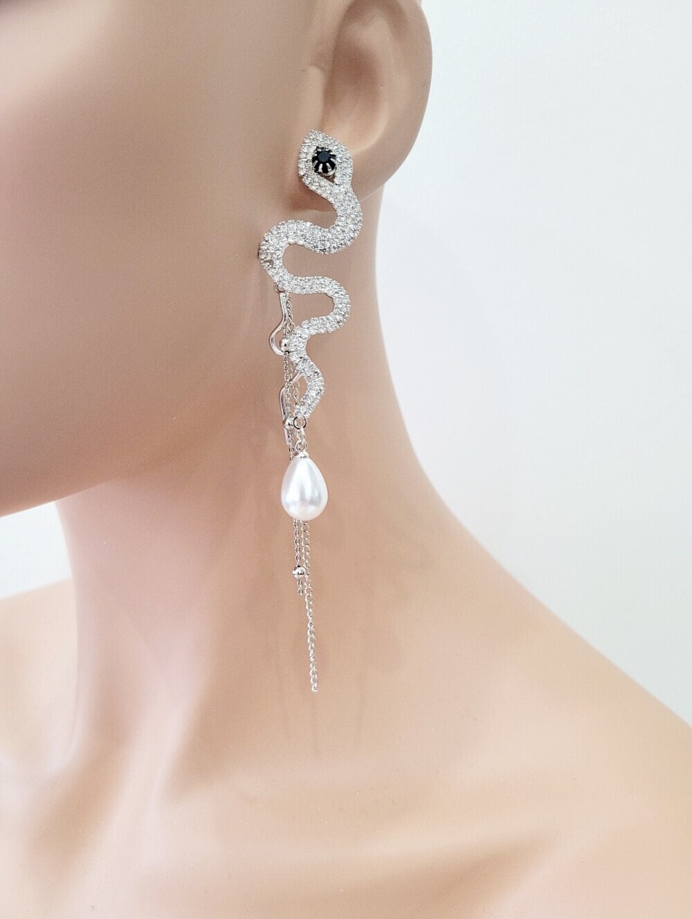Brand New Silver Snake Rhinestone Pearl Dangle Earrings